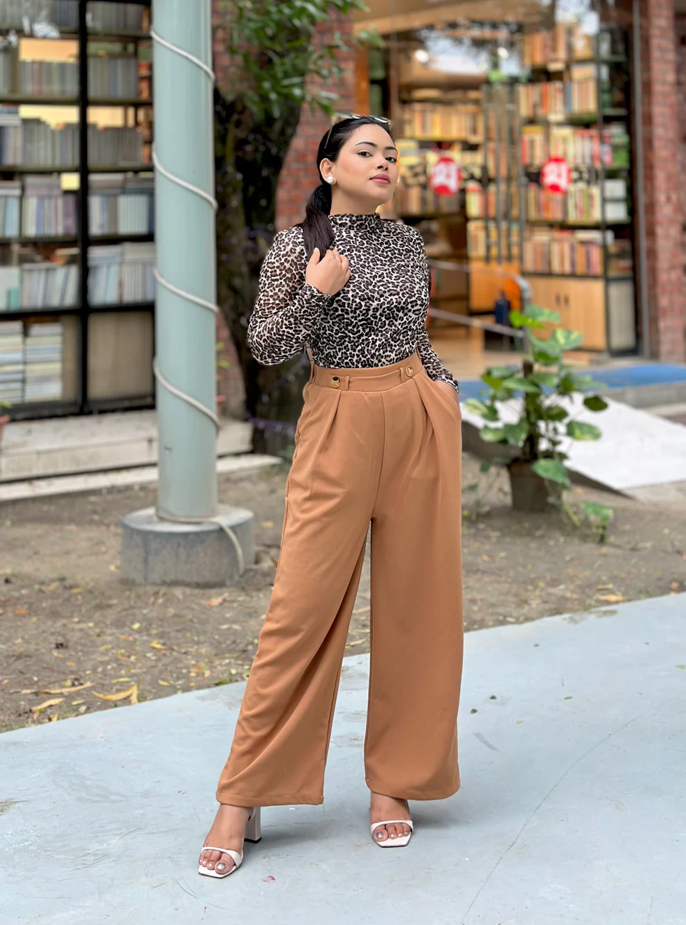 Ladies Wide Leg Pant 2 Button || Ladies Wide Leg Trousers || Light Brown
